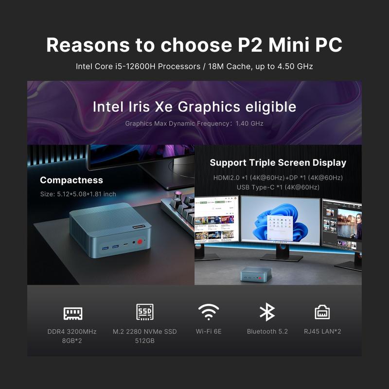 Mini PC BOSGAME P2 Intel Core i5-12600H 32 GB de RAM 512 GB SSD